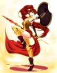  1girl circlet corset gloves graydustoa green_eyes holding_weapon long_hair miniskirt pyrrha_nikos red_hair rwby sarong shield solo spear 