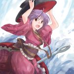  1girl adjusting_clothes adjusting_hat bowl bowl_hat brown_eyes cowboy_shot from_side hat japanese_clothes kimono kitsune_maru long_sleeves looking_at_viewer looking_to_the_side needle obi open_mouth purple_hair sash short_hair solo sukuna_shinmyoumaru touhou wide_sleeves 