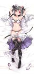  1girl angel_wings armpits arms_up bare_shoulders belt black_legwear breasts cleavage closed_mouth collarbone dakimakura dress drill_hair eyebrows full_body hair_between_eyes hair_ribbon hat highres idolmaster idolmaster_cinderella_girls kanzaki_ranko looking_at_viewer lying medium_breasts mini_hat mirin_(m_irinrin) on_back open_clothes red_eyes ribbon shoes smile solo twin_drills undressing white_dress wings 