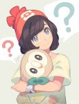  1girl ? black_hair blue_eyes crossed_arms female_protagonist_(pokemon_sm) floral_print hat head_tilt highres holding looking_at_viewer mie_nabe pokemon pokemon_(creature) pokemon_(game) pokemon_sm rowlet short_hair simple_background solo white_background 