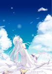  1girl back blue_sky clouds cloudy_sky cosmicsnic day detached_sleeves elf emilia_(re:zero) from_behind highres long_hair petals pointy_ears re:zero_kara_hajimeru_isekai_seikatsu sitting sky smile solo white_hair wind 