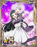  2girls black_eyes black_hair card_(medium) detached_sleeves dress hairband hug hug_from_behind long_hair looking_at_viewer multiple_girls number one_eye_closed one_leg_raised open_mouth purple_hair purple_hairband red_eyes short_hair_with_long_locks sidelocks star strea sundress sword_art_online white_dress yui_(sao) 