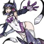  armor armored_boots bare_shoulders black_hair bodysuit boots breasts covered_navel elbow_gloves empty_eyes gloves green_eyes headgear holding holding_weapon kohinata_miku legs_together looking_at_viewer medium_breasts open_mouth outstretched_arm puru senki_zesshou_symphogear short_hair simple_background skin_tight tears teeth thigh-highs thighs weapon white_background 