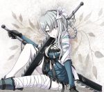  1girl bandages braid breasts cleavage flower hair_flower hair_ornament kaine_(nier) lily_(flower) long_hair looking_at_viewer nier parted_lips silver_hair single_braid sitting solo sword tk8d32 weapon white_skin 