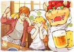  1girl 2boys beer_mug blonde_hair blue_eyes blush bowser brown_hair chair cigarette closed_eyes garou-zuki glasses grin hand_on_another&#039;s_shoulder hands_on_own_face horns link long_hair super_mario_bros. multiple_boys nintendo pointy_hair polka_dot princess_peach redhead semi-rimless_glasses shirt short_hair smile striped striped_legwear t-shirt the_legend_of_zelda thumbs_up under-rim_glasses vertical-striped_legwear vertical_stripes white_shirt 