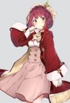  1girl atelier_(series) atelier_firis atelier_sophie bonnet brown_hair choker coat corset cowboy_shot grey_background jewelry kuran_(yourcatissick) looking_at_viewer necklace pink_skirt red_coat short_hair skirt smile solo sophie_neuenmuller yellow_eyes 