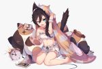  /\/\/\ 1girl alarm_clock animal_band animal_ears bare_legs barefoot bell bell_collar belt black_hair black_ribbon blanket bloomers blue_eyes book book_stack cat_ears cat_print cat_tail cellphone clock collar collar_removed crop_top hair_between_eyes hand_up heterochromia jingle_bell kai-ri-sei_million_arthur long_hair looking_at_viewer messy_hair midriff motion_lines navel one_eye_closed open_book open_mouth paw_print phone ribbon ribbon_trim scrunchie shorts sitting stitches stomach stuffed_animal stuffed_cat stuffed_toy tail underwear wariza wavy_mouth white_background white_shorts wire wrist_scrunchie x2 x_x 