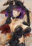  1girl alternate_costume bare_shoulders black_gloves blush breasts costume elbow_gloves fang gloves hat large_breasts looking_at_viewer open_mouth purple_hair red_eyes smile solo star touhou upper_body witch_hat yasaka_kanako yohane 