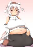  1girl animal_ears bare_shoulders big_belly breasts commentary covered_nipples detached_sleeves eyebrows fat hat highres inubashiri_momiji large_breasts navel pom_pom_(clothes) red_eyes seiza shirt shishi_juuroku sitting sleeveless sleeveless_shirt smile tail thick_eyebrows tokin_hat touhou wavy_mouth white_hair wolf_ears wolf_tail 