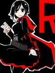  1girl belt black_background black_eyes black_hair cape closed_mouth cross grey_eyes kishiri_(sakurasaku_xyli) looking_at_viewer outline pantyhose ruby_rose rwby short_hair simple_background solo v 