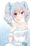  1girl bare_shoulders blush breasts diamond_(symbol) dress drill_hair earrings flower gloves hair_flower hair_ornament hand_on_own_chest idolmaster idolmaster_cinderella_girls jewelry kanzaki_ranko medium_breasts mio_(mgr300) necklace red_eyes silver_hair solo strapless strapless_dress tiara twin_drills upper_body white_dress white_gloves 