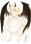  1girl angel_wings bare_shoulders black_wings blonde_hair dress elbow_gloves gloves high_heels horns long_hair lpip original strapless strapless_dress white_dress wings 