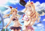  2girls alternate_costume alternate_hairstyle arched_back ass bare_shoulders bikini bikini_skirt black_skirt blonde_hair cagliostro_(granblue_fantasy) clouds cloudy_sky commentary_request cowboy_shot floating_island frilled_bikini frills funyariko granblue_fantasy grancypher_(granblue_fantasy) hair_between_eyes hairband halter_top halterneck head_wings highleg highleg_bikini lips long_hair looking_at_viewer low_twintails midriff multiple_girls navel open_mouth outdoors pink_bikini pointy_ears red_eyes skirt sky smile swimsuit twintails vampy violet_eyes white_bikini 