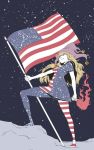  1girl american_flag american_flag_dress american_flag_legwear blonde_hair clownpiece dress fire flag full_body hat jester_cap jpeg_artifacts long_hair pantyhose short_dress short_sleeves sky solo soramimi_(seiga) star star_(sky) star_print starry_sky striped torch touhou 