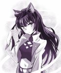  1girl animal_ears blake_belladonna bow cat_ears coat hair_bow iesupa monochrome pulling rwby untied 