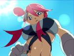  1girl ao_(batsumaruha_to) blue_eyes blue_sky breasts from_below fuuro_(pokemon) gloves gym_leader hair_ornament hair_over_breasts large_breasts looking_at_viewer looking_down midriff navel parted_lips pokemon pokemon_(game) pokemon_bw redhead sky sleeveless solo strapless sunlight upper_body 