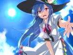  1girl black_hat blouse blue_hair blue_skirt blue_sky bow bowtie buttons clouds day dress_shirt food frills fruit hat hemogurobin_a1c hinanawi_tenshi long_hair looking_at_viewer open_mouth outstretched_arm peach puffy_short_sleeves puffy_sleeves rainbow_order red_eyes shirt short_sleeves skirt sky solo sun teeth touhou white_blouse 