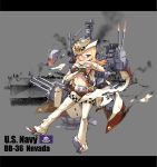  1girl absurdres anchor armpits belt black_panties blonde_hair blue_eyes blush broken cannon cape chain character_name covered_nipples cowboy_hat damaged fire flag_of_the_united_states_navy full_body gloves hat highres machinery midriff military military_vehicle nevada_(zhan_jian_shao_nyu) official_art one_eye_closed open_mouth panties photo_background propeller radar remodel_(zhan_jian_shao_nyu) ship sirills smoke solo star text thigh-highs torn_clothes turret underwear uss_nevada_(bb-36) warship watercraft white_cape white_gloves white_hat white_legwear zhan_jian_shao_nyu 