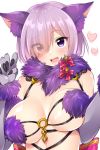  1girl :d animal_ears breast_lift breasts claw_pose elbow_gloves eyes_visible_through_hair fang fate/grand_order fate_(series) fur fur-trimmed_gloves fur_collar gloves hair_over_one_eye halloween_costume heart large_breasts looking_at_viewer mio_(mgr300) o-ring_top open_mouth purple_hair revealing_clothes shielder_(fate/grand_order) short_hair smile solo unaligned_breasts upper_body violet_eyes wolf_ears 