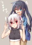  ! 2girls ;d adyisu altair_floone alternate_hairstyle area_aquamarine black_hair blue_eyes blush breasts brown_background long_hair multiple_girls one_eye_closed open_mouth original red_eyes short_hair simple_background sleeveless smile turtleneck twintails twitter_username two_side_up white_hair 