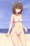  1girl adjusting_clothes adjusting_swimsuit beach bikini brown_eyes brown_hair flat_chest hakuhou_(ende_der_welt) headgear highres horizon kantai_collection looking_at_viewer lowleg lowleg_bikini navel short_hair standing swimsuit taihou_(kantai_collection) white_bikini 