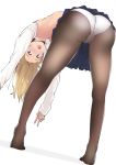  1girl ass bent_over black_legwear blonde_hair blue_eyes blue_skirt blush crotch_seam from_behind gensokigou long_hair long_sleeves looking_at_viewer looking_back open_mouth original panties panties_under_pantyhose pantyhose pleated_skirt school_uniform shirt simple_background skirt solo sweater_vest underwear white_background white_panties white_shirt 