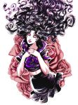  1girl black_hair closed_eyes flower highres jojo_no_kimyou_na_bouken lipstick long_hair makeup navel purple_lipstick rose school_uniform serafuku skirt solo tariah_furlow traditional_media very_long_hair wavy_hair yamagishi_yukako 