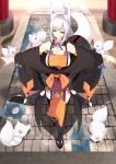  1girl after_rain animal_ears breasts cleavage fox fox_ears fox_tail from_above highres large_breasts original outdoors outstretched_arms red_eyes short_hair silver_hair solo sukage tail thigh-highs 