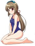  1girl blush bow brown_eyes brown_hair competition_swimsuit hair_bow hair_ribbon hands_on_lap idolmaster idolmaster_cinderella_girls long_hair low_ponytail one-piece_swimsuit ponytail ribbon sakuranoyukke sitting swimsuit very_long_hair wariza yorita_yoshino 