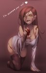  1girl absurdres all_fours blood blood_on_face bloody_hands crawling english fang halloween highres injury long_hair original redhead saliva solo thigh-highs toniwing torn_clothes torn_thighhighs yellow_eyes zombie 