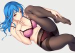  1girl black_legwear blue_hair blush bra breasts cleavage gusset legs_folded long_hair looking_at_viewer medium_breasts open_mouth orange_eyes original panties panties_under_pantyhose pantyhose pink_bra pink_panties simple_background sugarbeat thighband_pantyhose underwear 