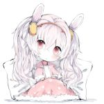 1girl animal_ears animal_print azur_lane bangs bunny_print camisole cottontailtokki eyebrows_visible_through_hair fur_trim hair_between_eyes hair_ornament hairband head_tilt highres jacket laffey_(azur_lane) long_hair long_sleeves looking_at_viewer open_clothes open_jacket pillow pink_jacket rabbit_ears red_eyes red_hairband silver_hair solo twintails under_covers very_long_hair white_background white_camisole 