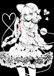  1girl :d absurdres blood bloody_hands bloody_tears bloody_weapon bow cowboy_shot eyeball floral_print frilled_sleeves frills green_eyes greyscale hat hat_bow heart heart-shaped_pupils heart_of_string highres holding holding_knife knife komeiji_koishi long_sleeves looking_at_viewer monochrome open_mouth sheya shirt short_hair skirt smile solo spot_color symbol-shaped_pupils third_eye touhou weapon wide_sleeves 