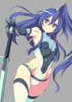  1girl bare_shoulders blue_eyes blue_hair blush breasts closed_mouth covered_navel covered_nipples dutch_angle grey_background gummyrise hips holding katana kazanari_tsubasa legs_together leotard long_hair looking_at_viewer outstretched_arm senki_zesshou_symphogear shiny shiny_clothes side_ponytail simple_background skin_tight small_breasts solo standing sword thigh-highs violet_eyes weapon 