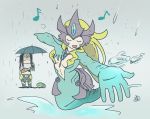  2girls breasts center_opening cleavage commentary_request frog league_of_legends leng_wa_guo long_hair mermaid midriff monster_girl multiple_girls music nami_(league_of_legends) navel rain scales singing sivir smile tail umbrella 