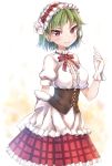  1girl arm_behind_back blush collar corset flower frilled_collar frills gloves green_hair hair_flower hair_ornament hairband hand_up highres kazami_yuuka lolita_hairband looking_at_viewer neck_ribbon plaid plaid_skirt puffy_short_sleeves puffy_sleeves re-ka red_eyes ribbon short_hair short_sleeves simple_background skirt smile solo touhou white_background white_gloves 