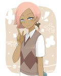  1boy blush character_name child_drawing dark_skin hair_ornament heart heart-shaped_pupils highres ilima_(pokemon) komala pink_hair pokemon pokemon_(game) pokemon_sm solo symbol-shaped_pupils upper_body violet_eyes yungoos yuthon 