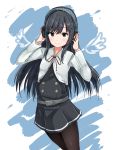  1girl ame-rain angel_wings asashio_(kantai_collection) black_hair black_legwear blue_eyes blush cowboy_shot dress eyebrows eyebrows_visible_through_hair headphones highres kantai_collection long_hair looking_at_viewer pantyhose pinafore_dress remodel_(kantai_collection) smile solo wings 