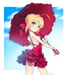  1girl ahoge back blonde_hair braid clouds dress eyebrows eyebrows_visible_through_hair fate/extra fate_(series) frilled_dress frills from_side green_eyes hair_bun hair_intakes hair_ribbon holding holding_umbrella layered_dress looking_at_viewer looking_to_the_side parasol red_dress red_ribbon red_umbrella ribbon saber_extra short_hair sidelocks smile solo twitter_username umbrella zn_(zzzzzni) 