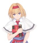  1girl alice_margatroid blonde_hair blue_dress blue_eyes book book_hug capelet closed_mouth dress grimoire_of_alice hairband highres holding holding_book lolita_hairband looking_at_viewer sash short_hair smile solo touhou upper_body white_background x&amp;x&amp;x 