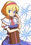  1girl :&gt; alice_margatroid blue_dress blue_eyes book capelet colored dress floral_background hair hairband hand_on_own_cheek looking_at_viewer maru_rx puffy_short_sleeves puffy_sleeves red_hairband short_hair short_sleeves touhou 