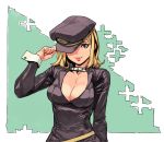  1girl absurdres archvermin blonde_hair bodysuit boku_no_hero_academia breasts cleavage collar covered_eyes hand_on_headwear hat hat_tip highres kemii_(boku_no_hero_academia) peaked_cap short_hair smile 