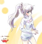  blue_eyes crab english highres iesupa open-chest_sweater ponytail rwby scar sweater weiss_schnee white_hair 