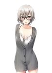  1girl blush cardigan glasses grey_eyes grey_hair nekobaka original short_hair simple_background solo standing 