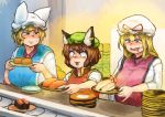  3girls :d animal_ears blonde_hair breasts brown_eyes brown_hair cat_ears chanta_(ayatakaoisii) chen dress drooling earrings extra_ears eyebrows eyebrows_visible_through_hair food fox_tail hat hat_ribbon holding holding_plate huge_breasts indoors jewelry mob_cap multiple_girls multiple_tails nekomata open_mouth pillow_hat pinky_out plate red_eyes ribbon short_hair single_earring smile sushi sweatdrop tabard tail tearing_up touhou unhappy white_dress yakumo_ran yakumo_yukari 