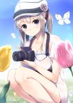  1girl alternate_costume alternate_headwear animal bare_legs bent_knees blonde_hair blue_sky blurry blush breasts butterfly camera canon_(company) cleavage closed_mouth collarbone depth_of_field dress flower gedou_(shigure_seishin) graf_zeppelin_(kantai_collection) hair_ribbon hat head_tilt holding holding_camera insect iron_cross jacket kantai_collection lens_flare long_hair medium_breasts no_legwear open_clothes open_jacket ribbon short_hair_with_long_locks short_sleeves sidelocks sky smile solo squatting sunlight tareme tulip twintails white_dress white_hat white_jacket 
