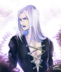  1boy artist_name bare_chest blue_lipstick hat highres jojo_no_kimyou_na_bouken lavender_eyes leone_abbacchio lipstick long_hair looking_to_the_side makeup male_focus nyapapa plant signature silver_hair solo upper_body 