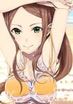  1girl armpits arms_up bikini breasts brown_hair character_request cleavage collarbone eyebrows green_eyes haruichi idolmaster idolmaster_cinderella_girls large_breasts long_hair looking_at_viewer nail_polish out_of_frame outstretched_arms smile solo swimsuit under_boob upper_body very_long_hair wet wet_clothes yellow_bikini 