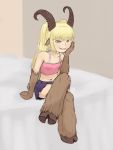  1girl alternate_costume alternate_eye_color alternate_hair_color baphomet_(monster_girl_encyclopedia) bare_shoulders belt blonde_hair breasts commentary crop_top crossed_legs demon_girl derivative_work fur goat_ears goat_horns goat_tail green_eyes grin highres hooves long_hair looking_at_viewer midriff miniskirt mithril_(pixiv9140955) monster_girl monster_girl_encyclopedia navel parody paws sitting skirt small_breasts smile solo style_parody tank_top teeth twintails 