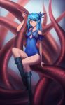  1girl absurdres bare_shoulders black_boots blue_eyes blue_hair boots commentary covered_navel highres leotard long_hair looking_at_viewer original smile solo tentacles toniwing 